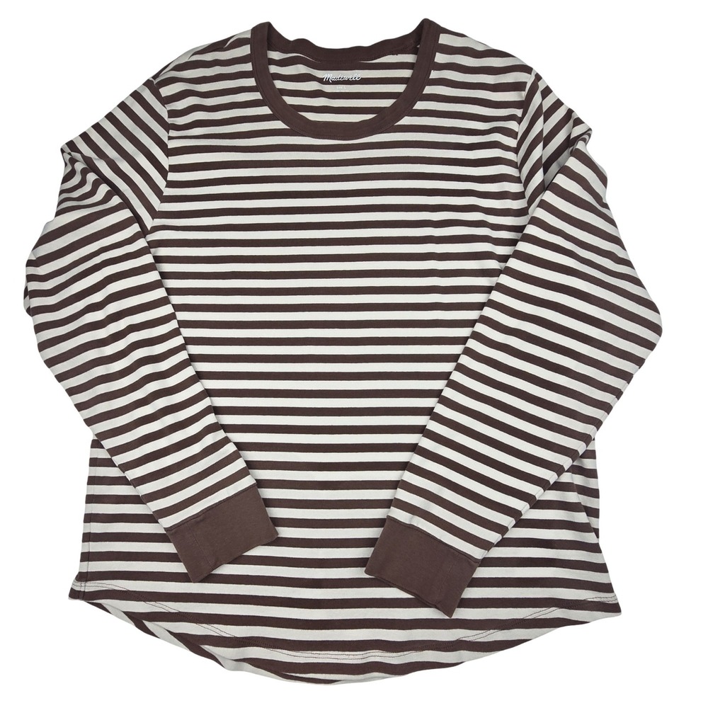Madewell Long Sleeve Relaxed Tee Mens Size L Brown Cream Striped Crew Neck